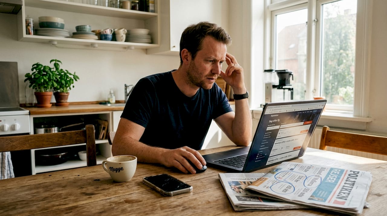 En mand sidder ved køkkenbordet og leder efter billige flybilletter på sin computer.