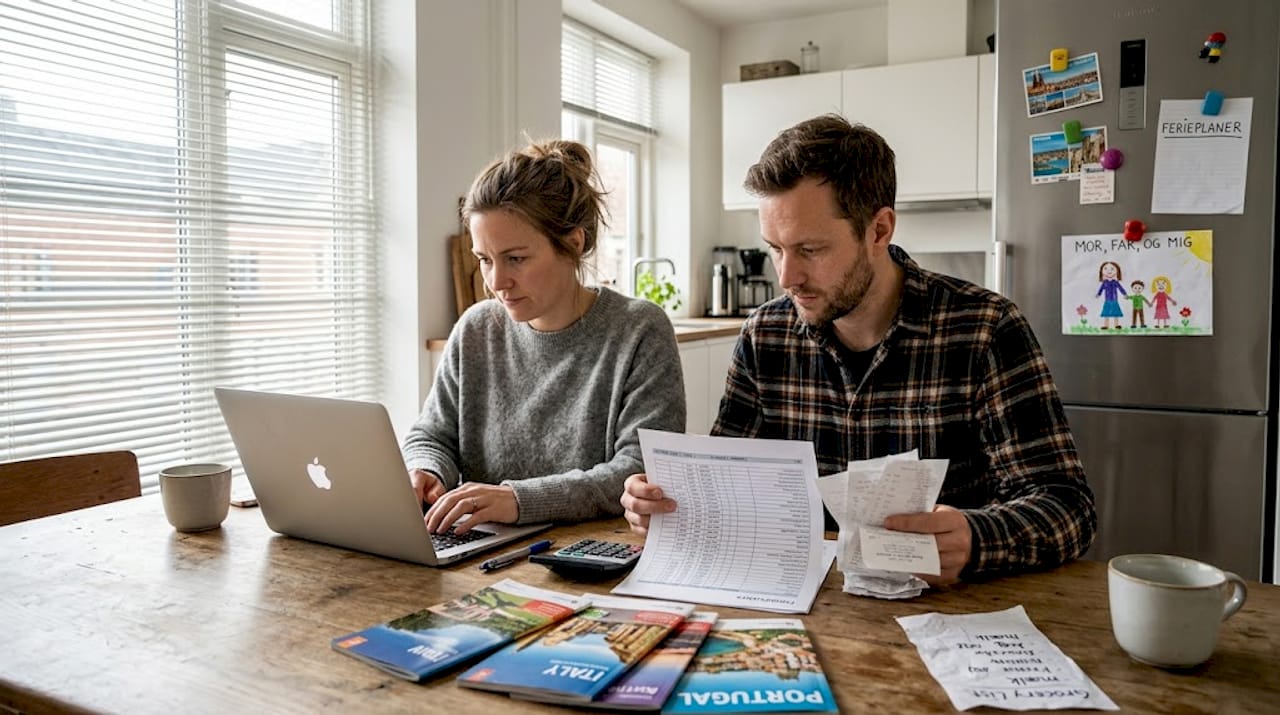 Et par sidder ved køkkenbordet og lægger budget for deres næste rejse.