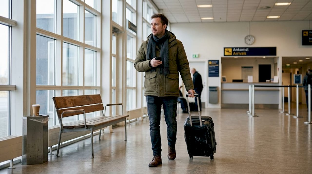 En mand træder ind i en lille dansk lufthavn en kold vintermorgen.