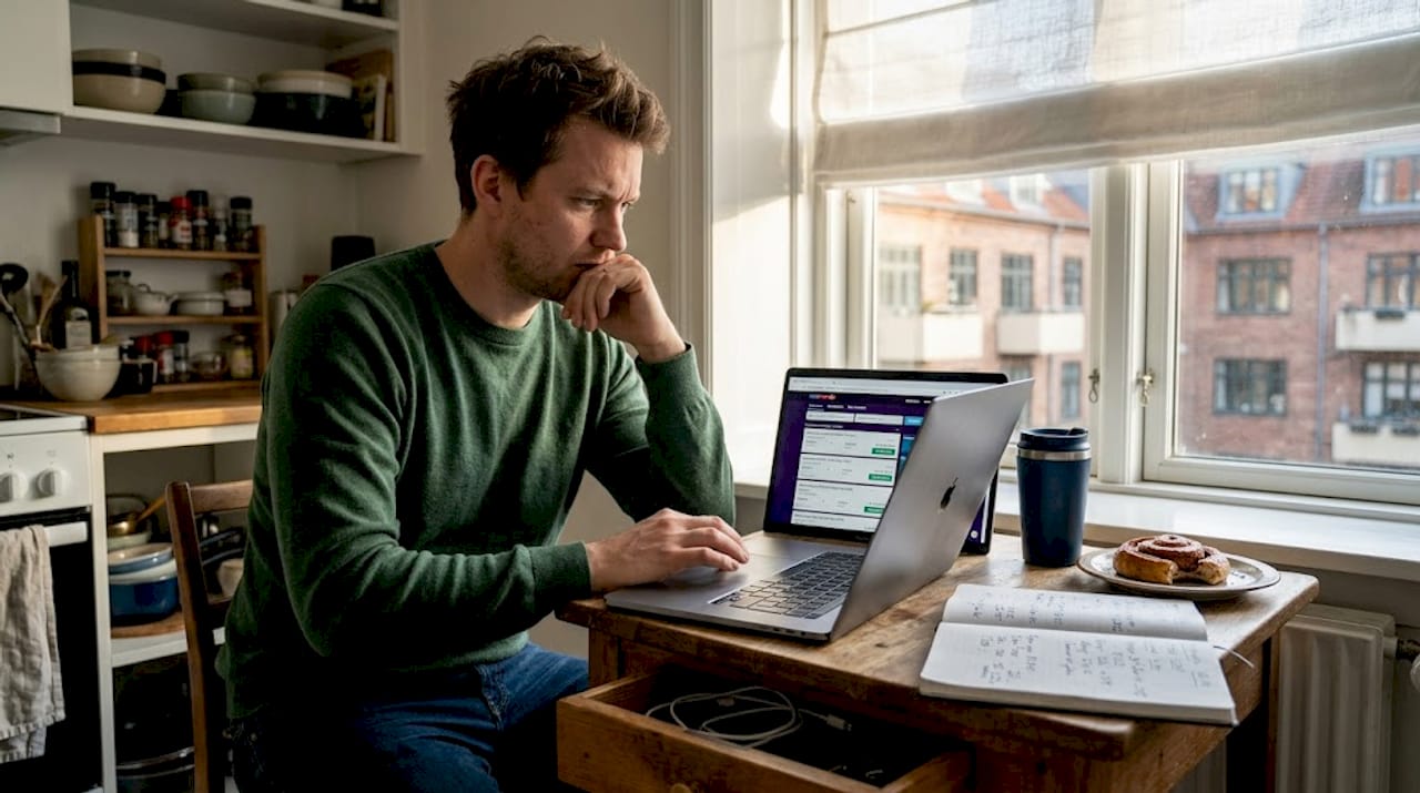 Mand står i køkkenet og leder febrilsk efter billige flybilletter i sidste øjeblik