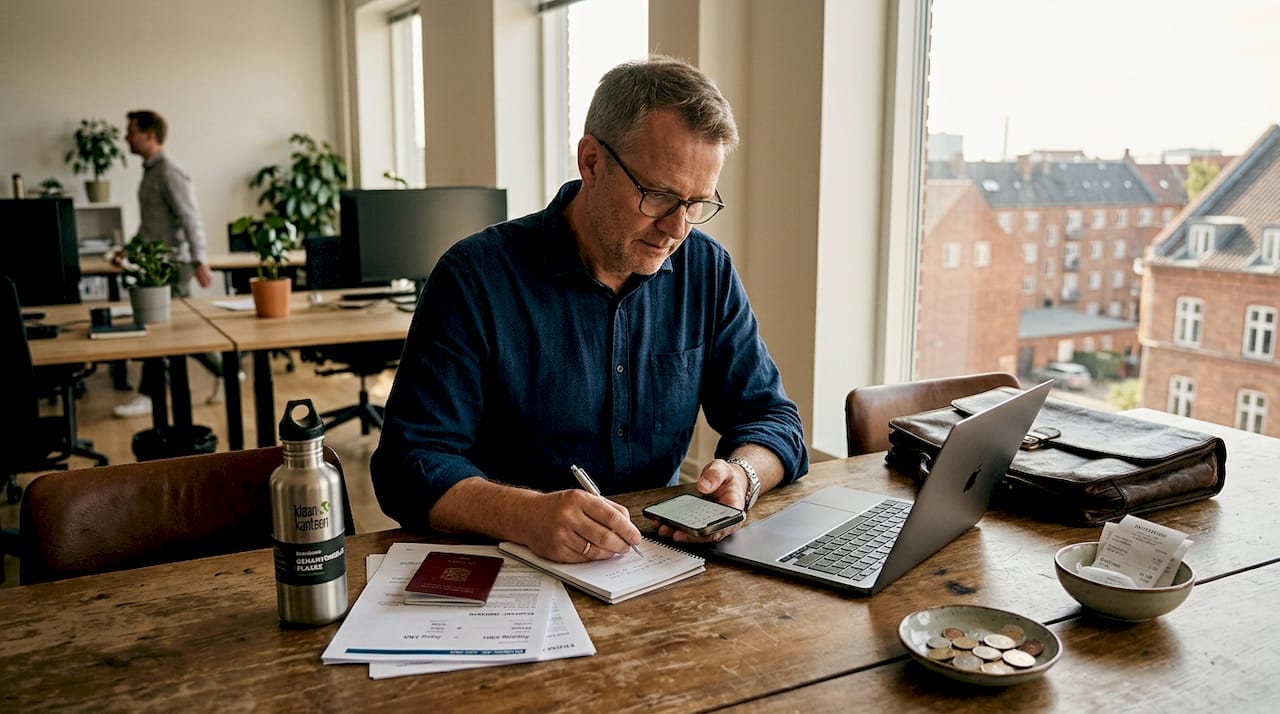 En mand sidder ved skrivebordet og planlægger sin næste forretningsrejse.