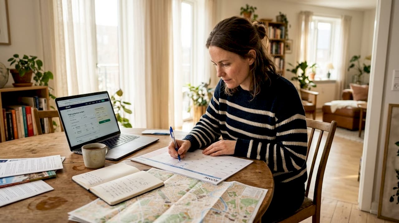 Kvinde planlægger sin næste rejse hjemme fra stuen