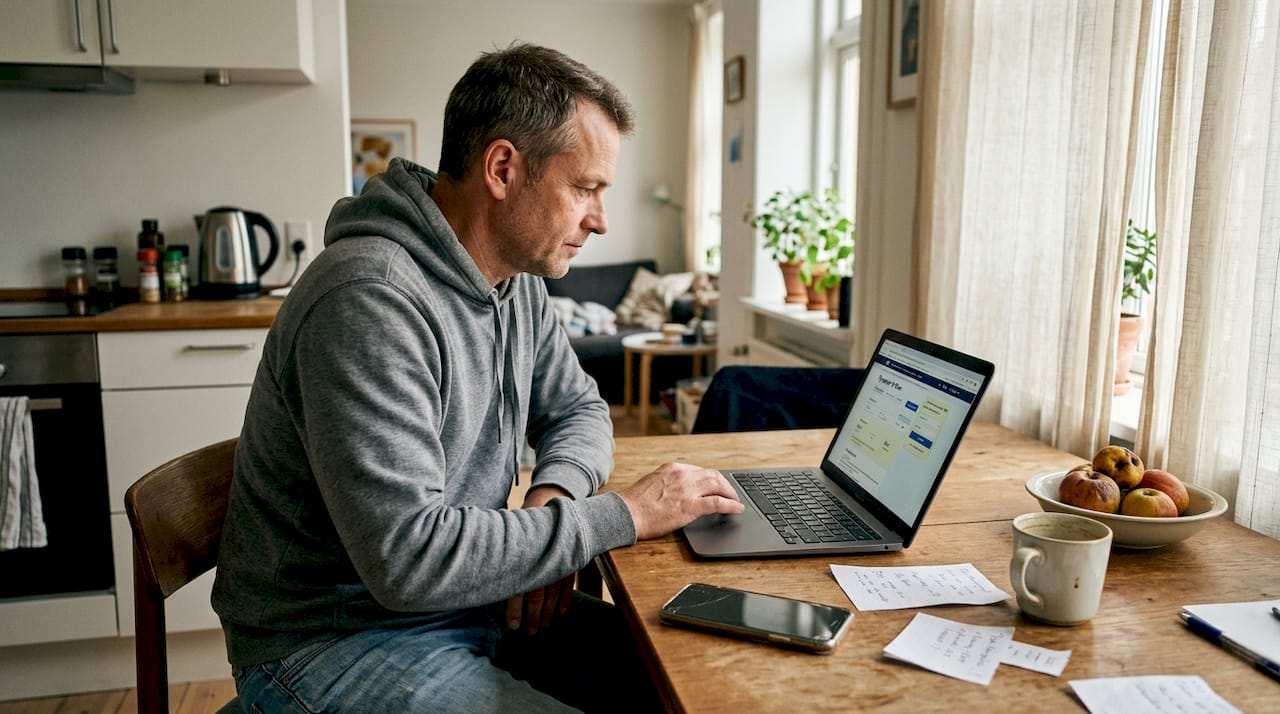 En person sidder ved sin bærbare og leder efter billige flybilletter online.