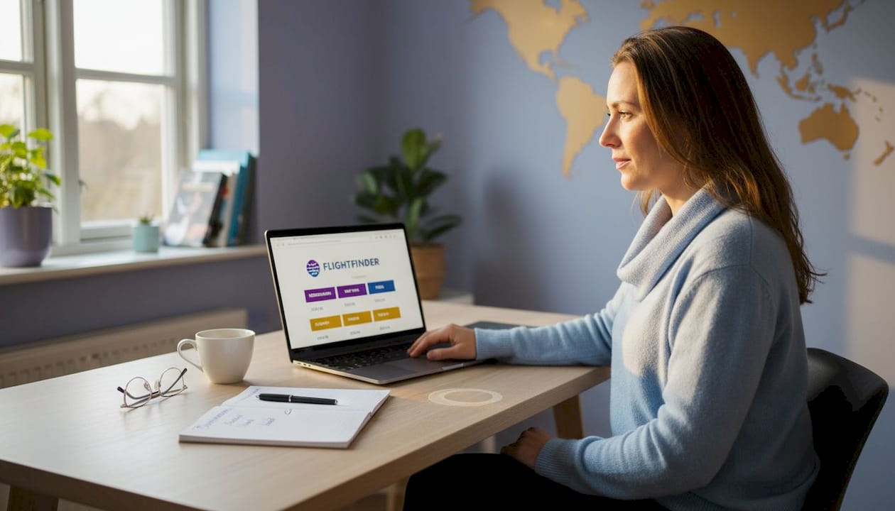 En kvinde sidder hjemme ved computeren og tjekker priser på flybilletter.