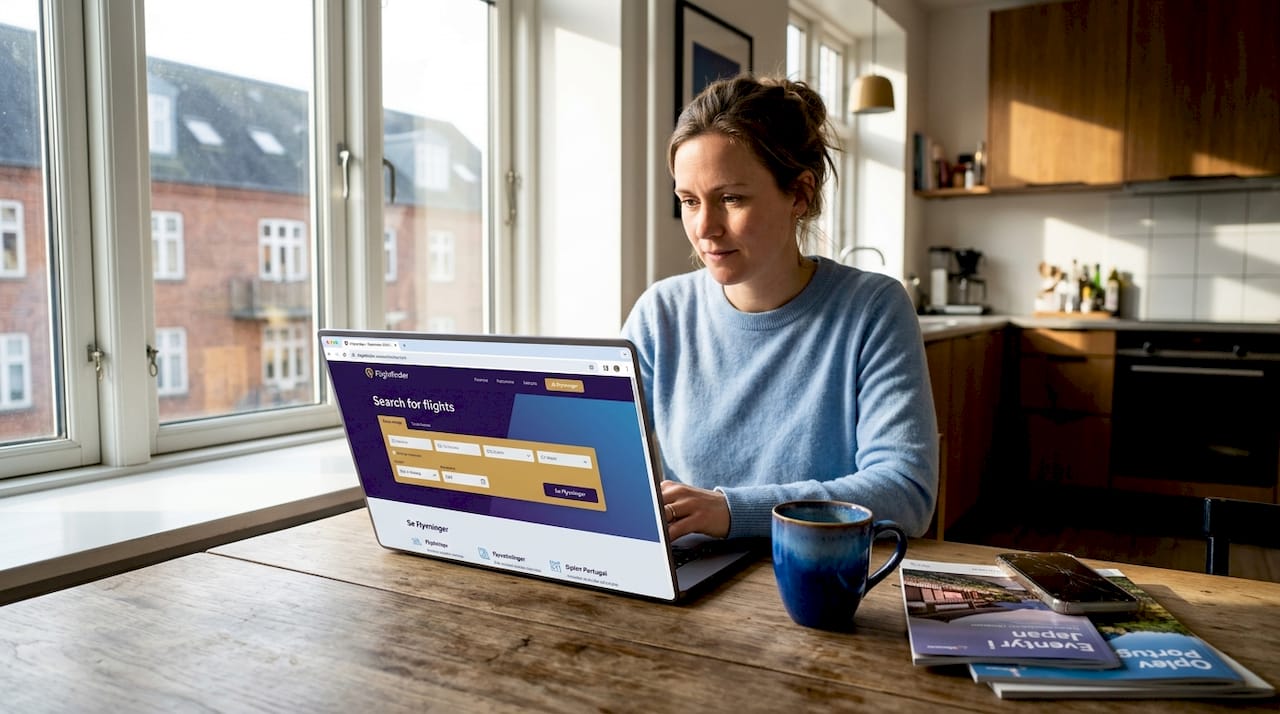 En kvinde sidder ved køkkenbordet og tjekker flybilletter på sin computer.