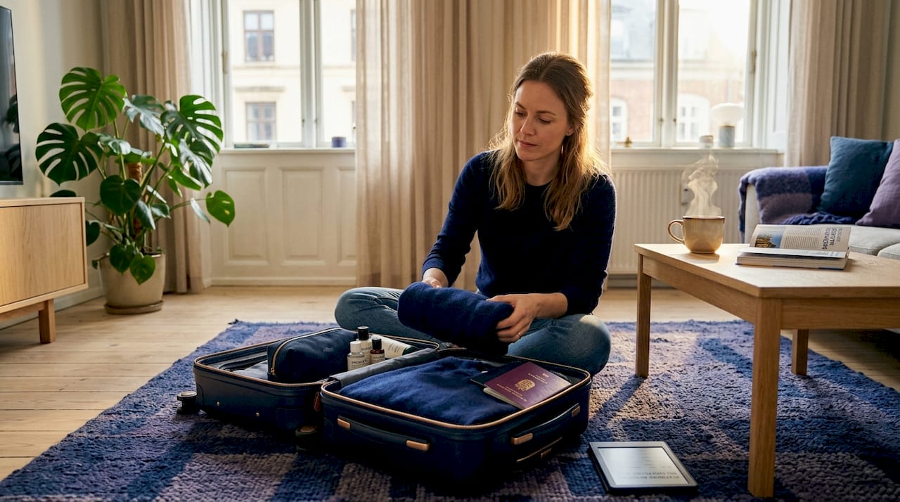 En kvinde står på sit soveværelse og pakker håndbagagen til rejsen.