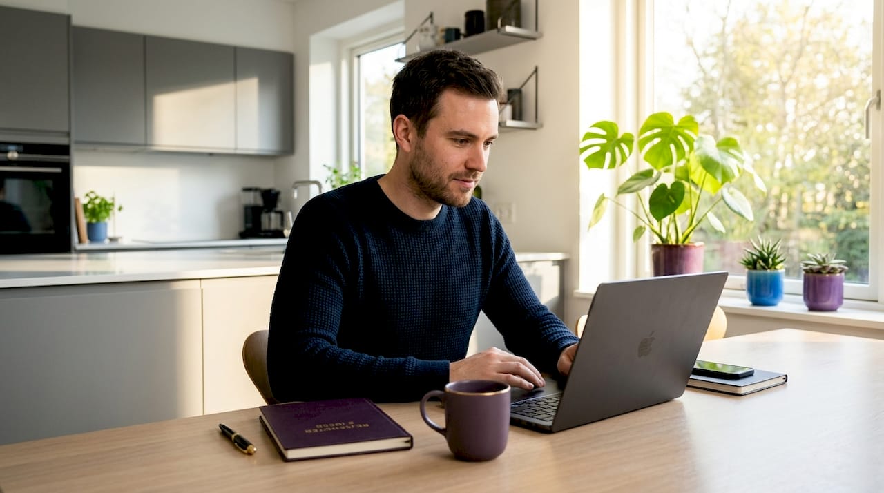 En mand sidder ved køkkenbordet og leder efter flybilletter på sin laptop.