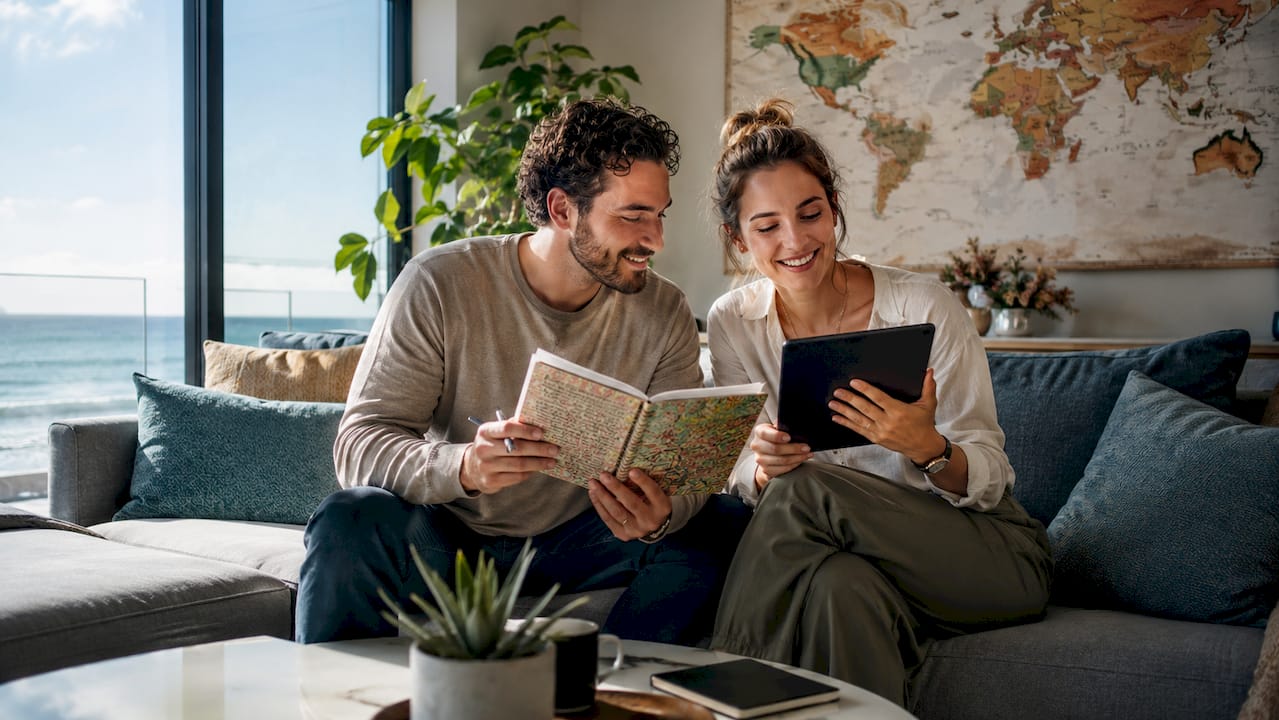 Et par sidder ved køkkenbordet og lægger planer for deres næste ferie – de vil gerne være ude i god tid og booke tidligt.