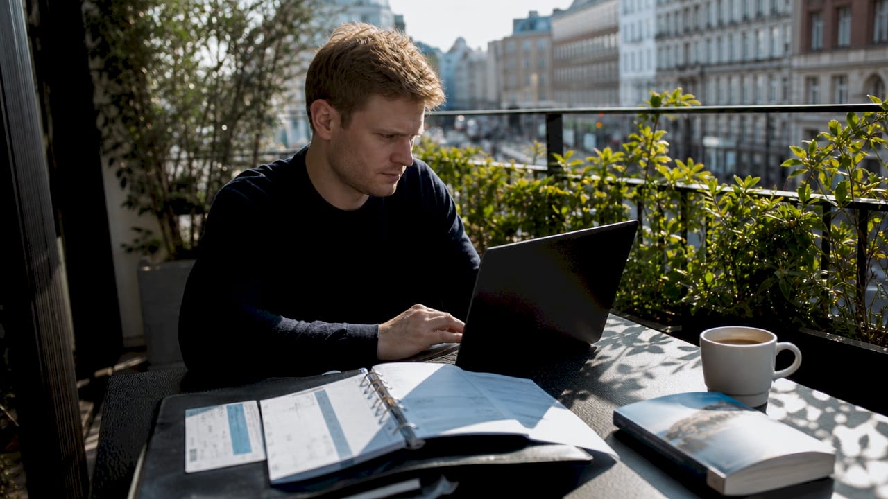 En mand sidder ved spisebordet hjemme i sin lejlighed og lægger strategier for, hvordan han kan få mest muligt ud af sine rejser ved hjælp af travel hacking.