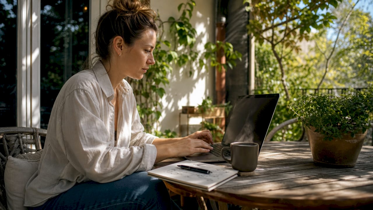 En kvinde sidder hjemme foran computeren og holder øje med prisnotifikationer på flybilletter.