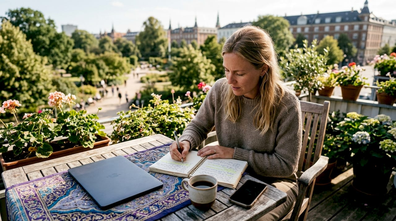 En dansk kvinde sidder på en café og tjekker rejseanmeldelser.