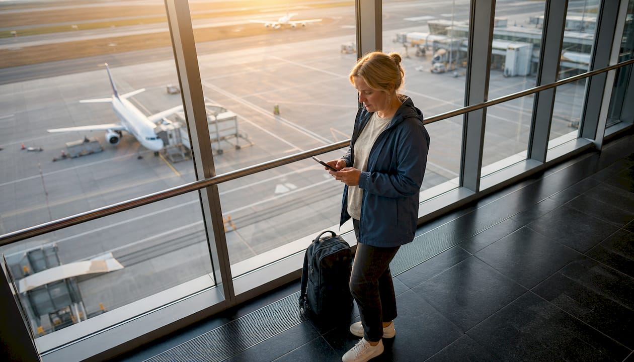 En dansk kvinde tjekker sit fordelsprogram på mobilen, mens hun venter i lufthavnen.