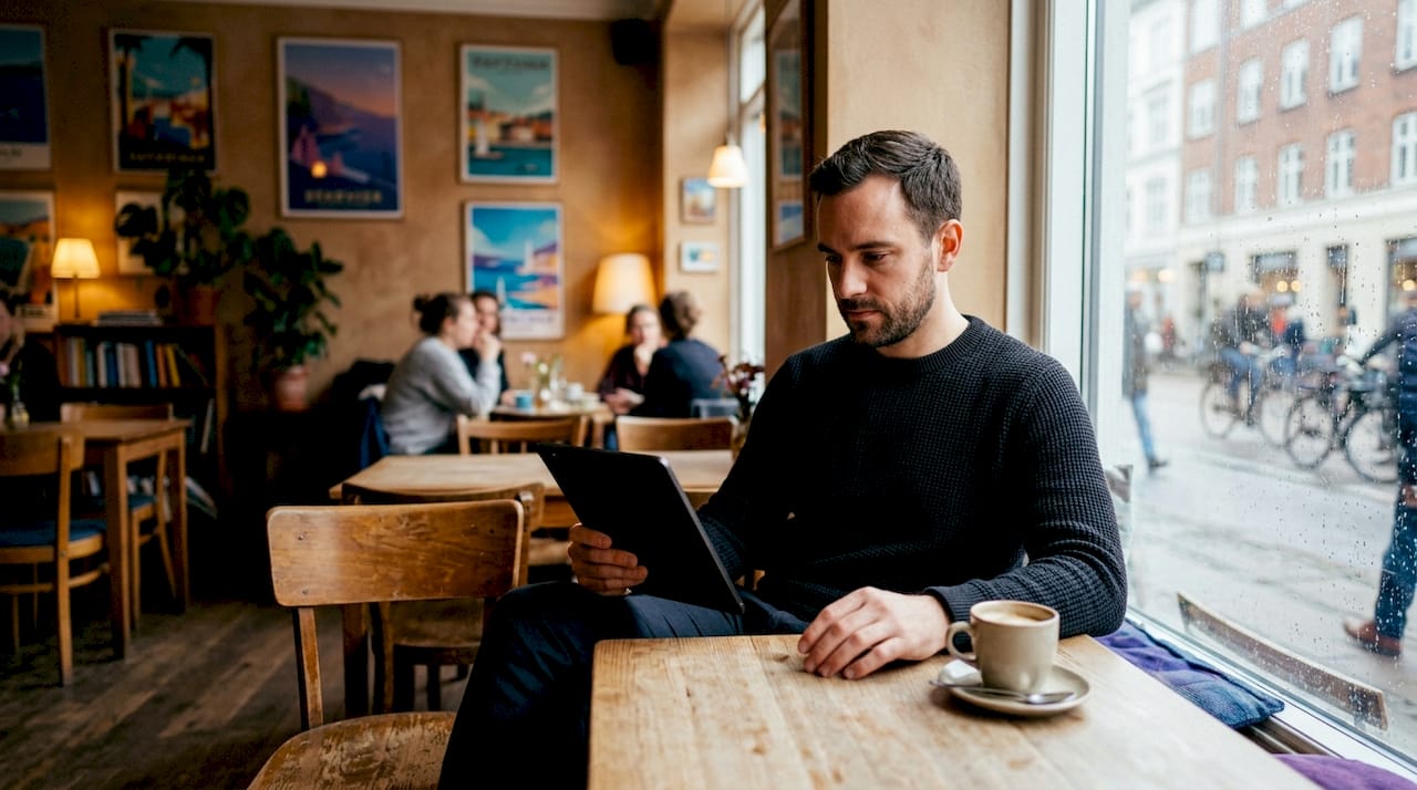 En mand sidder på en café og tjekker bonusprogrammer for flyrejser på sin computer.