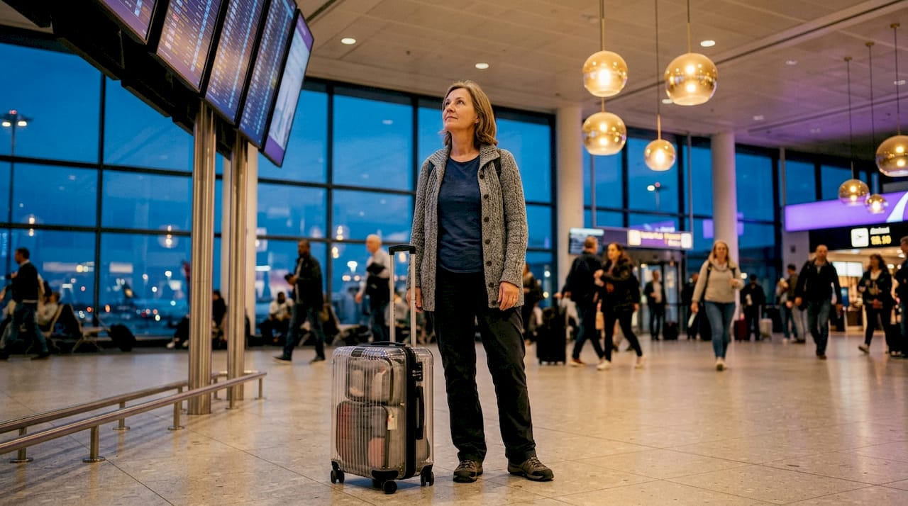 En rejsende står i lufthavnens lounge og holder øje med afgangstavlerne for at se, hvornår hans fly letter.