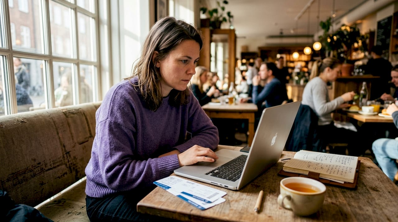 En kvinde sidder hjemme ved computeren og leder efter billige flybilletter.