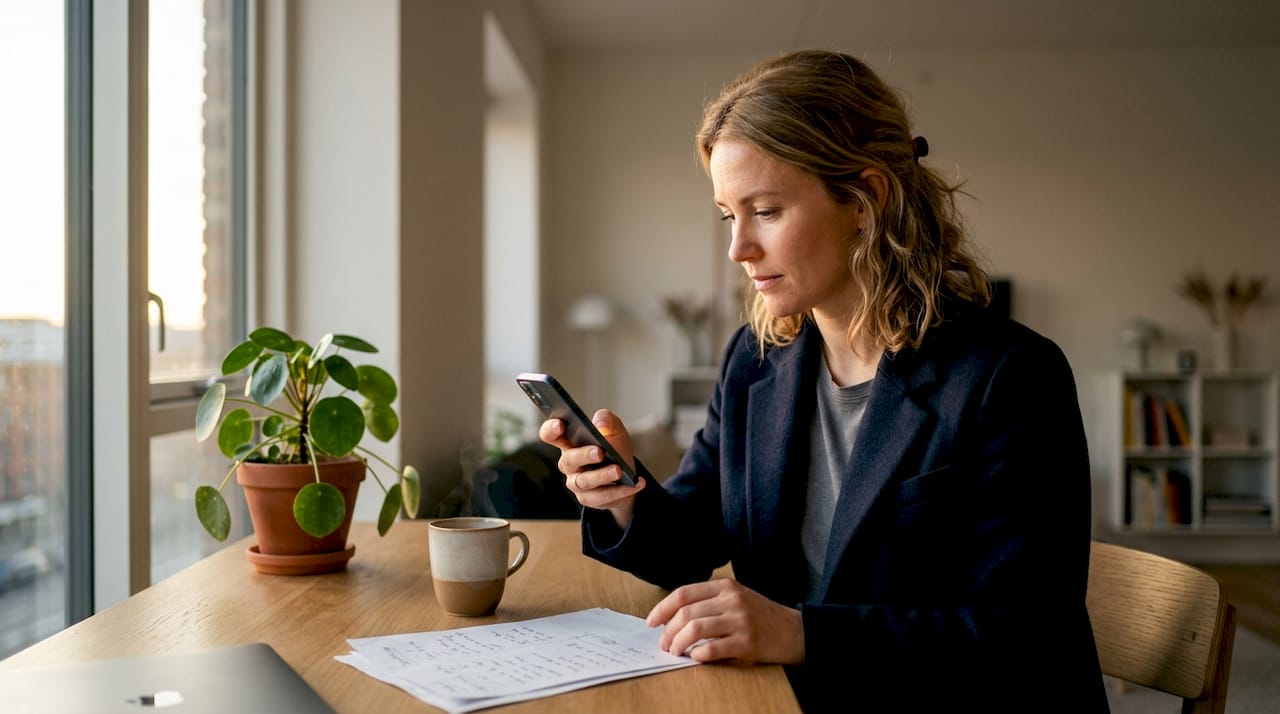 En kvinde sidder ved bordet og tjekker sine bonuspoint på mobilen.