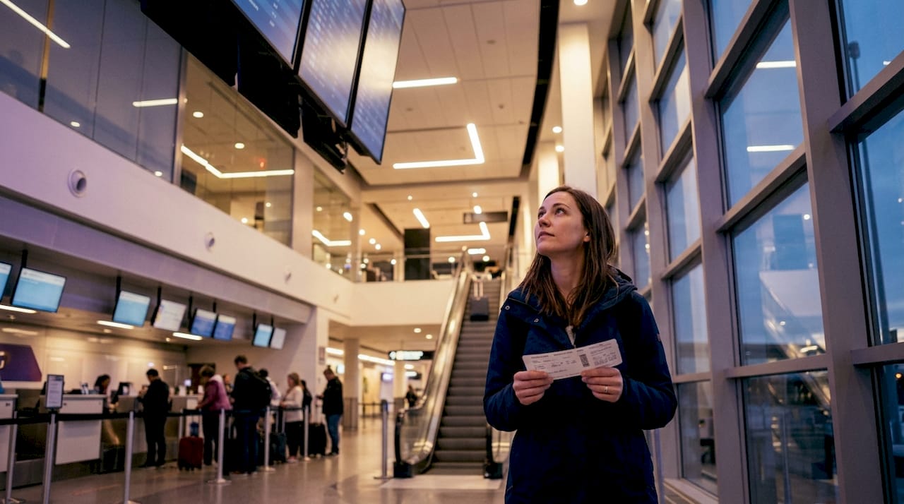 En rejsende står og tjekker flyafgangene på infoskiltene i lufthavnen.