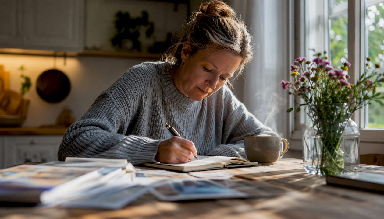 Kvinde sidder ved køkkenbordet og lægger ferieplaner